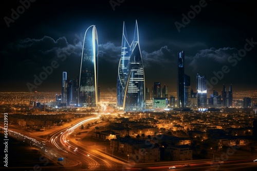 Nighttime view of Riyadh skyline featuring Kingdom Centre tower and Burj Al-Mamlaka. Generative AI photo
