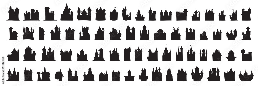Large collection of house silhouette. Castles silhouette. Many houses silhouette. Vector illustration. 