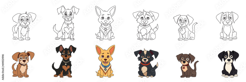 Set of cute puppy in doodle style and colored outline. Hand drawn little dogs. Vector illustration.