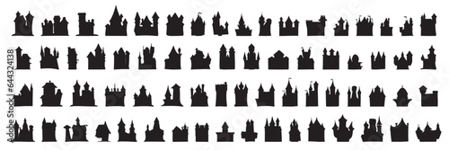 Large collection of house silhouette. Castles silhouette. Many houses silhouette. Vector illustration. 