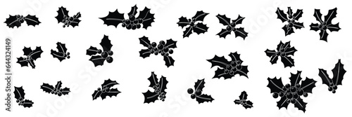 Set of holly berry silhouettes. Hand drawn Christmas decor holly berry silhouette isolated on white background. Vector illustration.