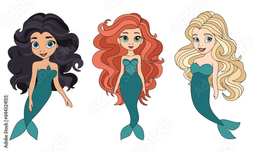 Set of cute mermaid colored outline. Blonde mermaid, red mermaid, brunette mermaid. Vector illustration.