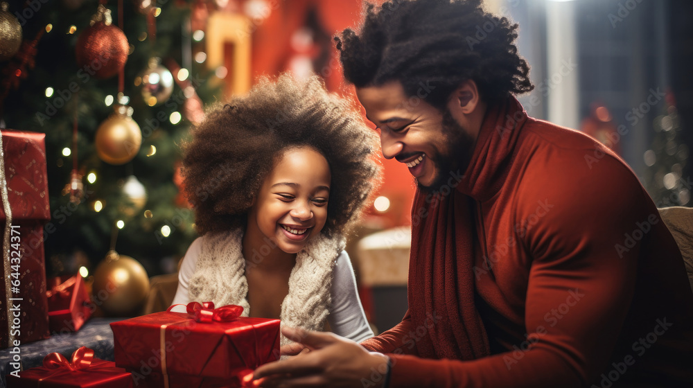 Cheerful African American man giving present to his girlfriend. created by generative AI technology.