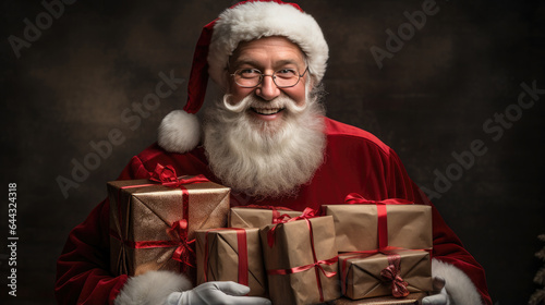 Portrait of Santa Claus with gift boxes on dark background. created by generative AI technology.