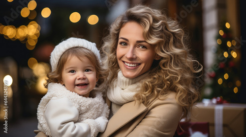 happy mother and daughter in winter clothes looking at camera at Christmas. created by generative AI technology.