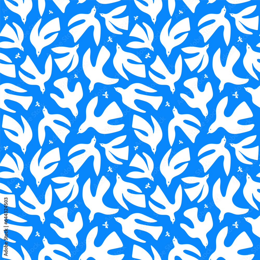 Blue sky full of birds seamless pattern. Abstract vector illustration.