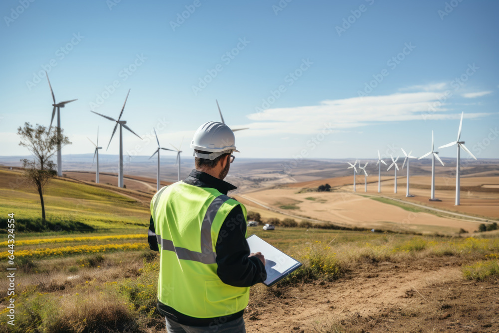 An engineer uses a program on a laptop to inspect the wind turbine landscape. An engineer uses a program on a laptop to inspect the wind turbine landscape.