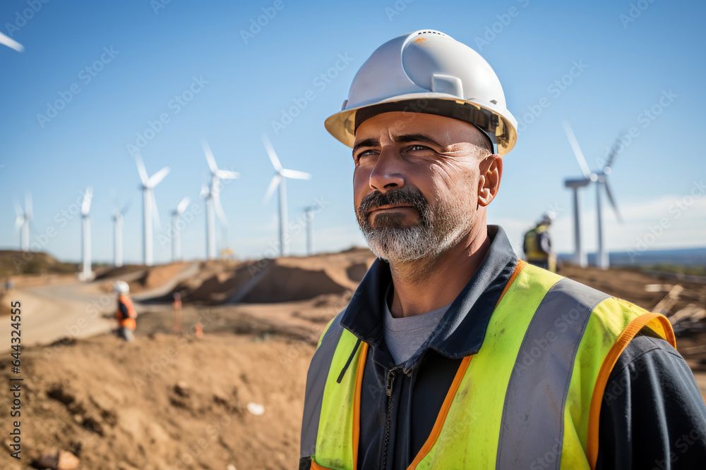 An engineer in wind turbine construction site landscape. An engineer in wind turbine construction site landscape.