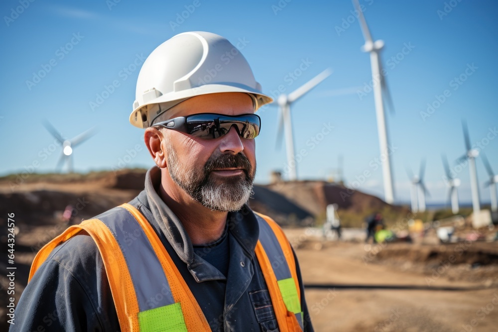 An engineer in wind turbine construction site landscape. An engineer in wind turbine construction site landscape.