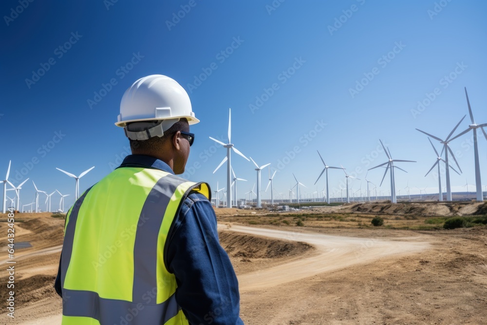 An engineer in wind turbine construction site landscape. An engineer in wind turbine construction site landscape.