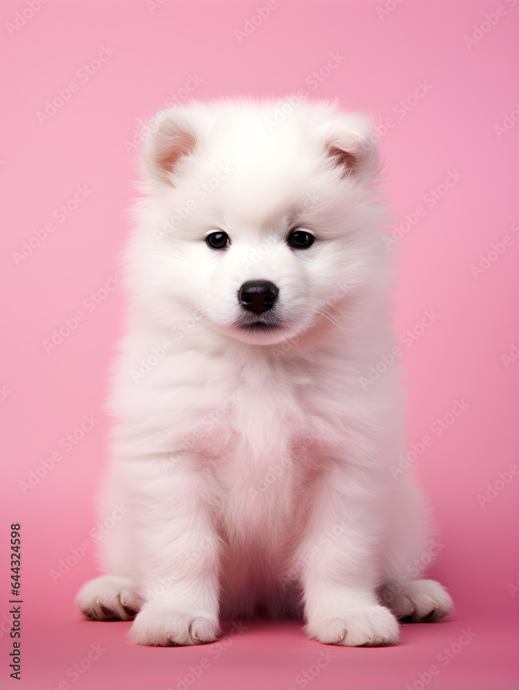 Samoyed Puppy Dog smiling happy isolated on pink background 