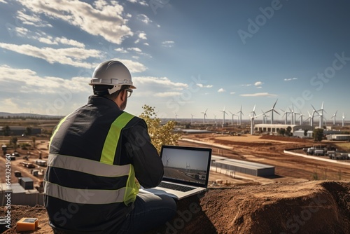 An engineer uses a program on a laptop to inspect the wind turbine landscape. © Attasit
