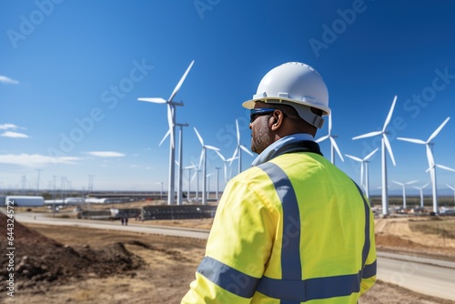 An engineer in wind turbine construction site landscape.
