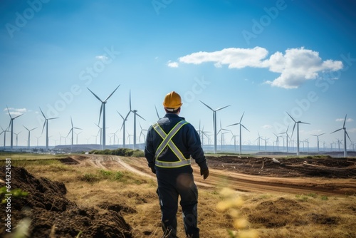 An engineer standing looking at wind turbine construction site landscape.