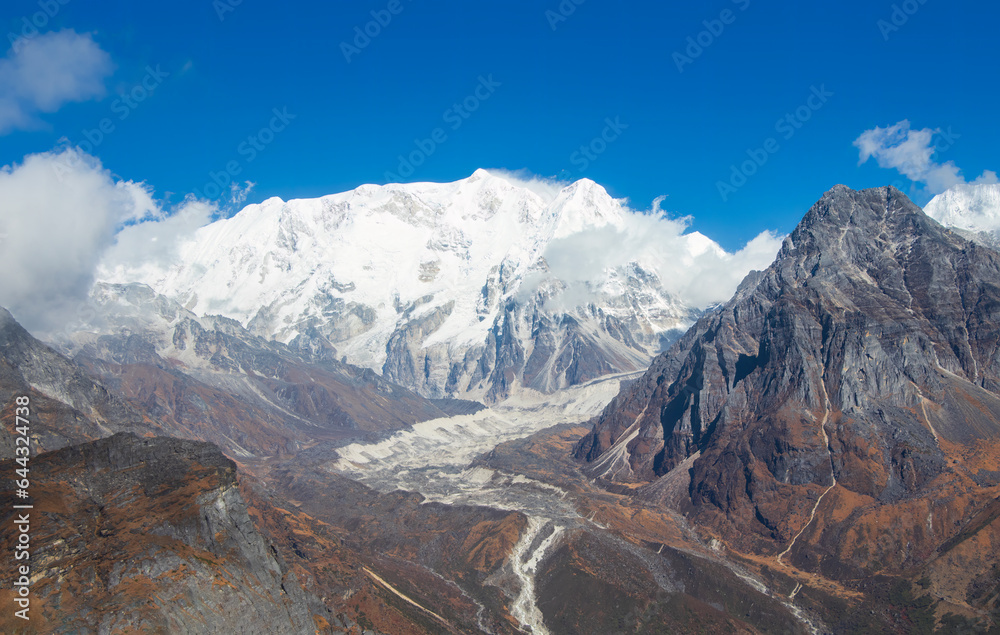 Landscape view with glacier from Mirgin La Pass, Kanchenjunga Trek.