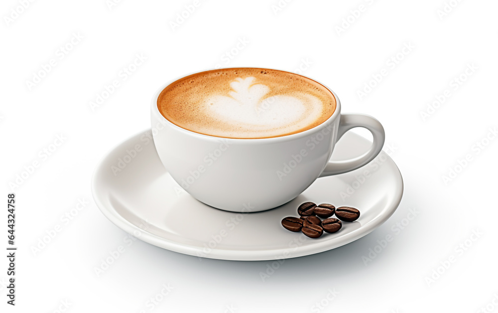 Cup of coffee latte with beans on white background