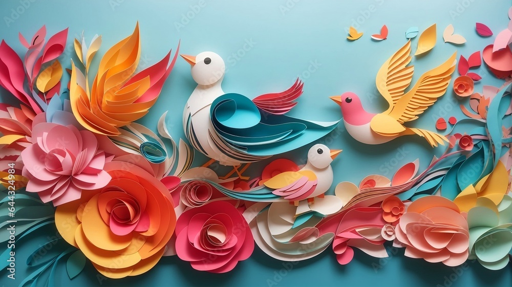 Obraz premium Bird and Flower Paper Art Style Abstract Background Illustration