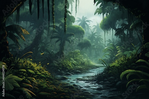 Illustration of a rainy jungle atmosphere. Generative AI