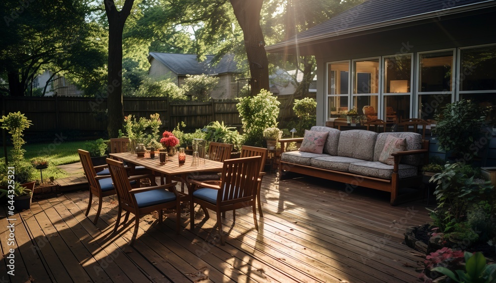 backyard outdoors on a wooden deck