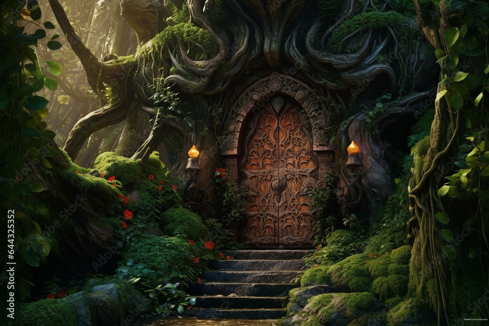 Entrance to mysterious elf grotto in enchanted forest. Generative AI