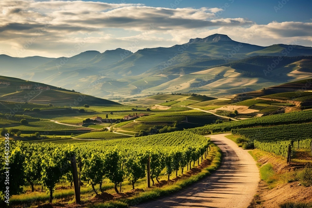 Beautiful morning scenery of vineyards and rolling hills in the La Rioja region of Spain on the Camino de Santiago pilgrimage trail. Generative AI