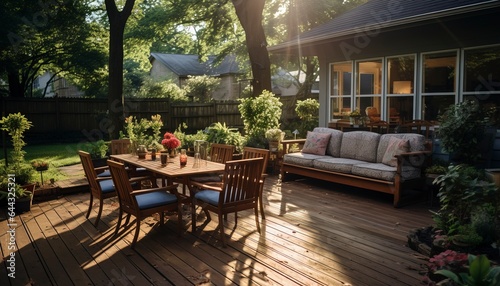 backyard outdoors on a wooden deck