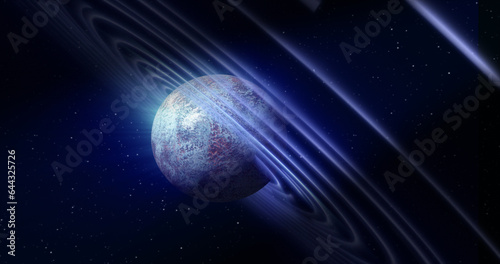 Fototapeta Naklejka Na Ścianę i Meble -  Abstract blue space planet with a round asteroid belt ring futuristic hi-tech on the background of stars in open space