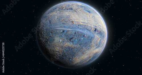 Abstract realistic space spinning planet round sphere with a water surface in space against the background of stars