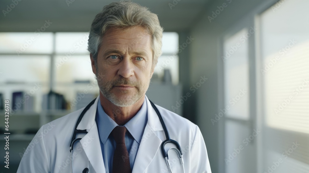 Portrait of a male doctor at a bustling hospital tirelessly tending to patients' needs Portrait of a male doctor at a bustling hospital tirelessly tending to patients' needs