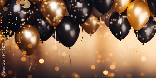 Festive elegant background with gold and black balloons Christmas, birthday. 3D Render Generative AI
