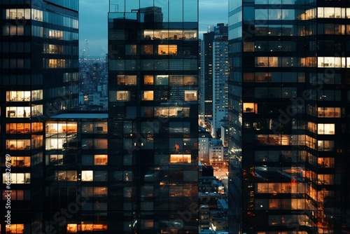 Aerial view of illuminated windows on high rise office building at dusk. Generative AI