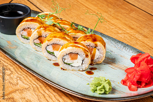 sushi set on the wooden background photo