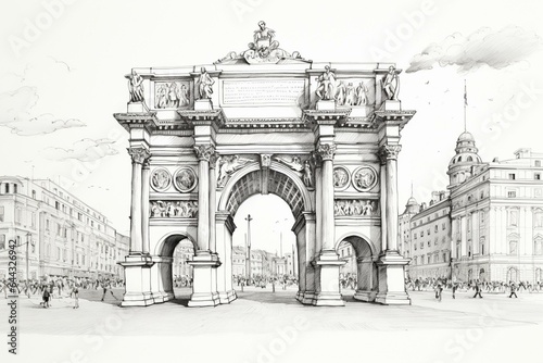 Milan's Porta Sempione, a city gate marked by the Arco della Pace, depicted in an ink sketch illustration. Generative AI