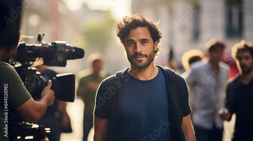 Portrait of a male actor on a bustling film set embodying diverse roles