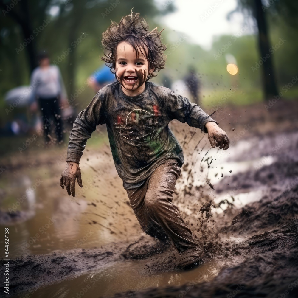 Joyful child running through the mud