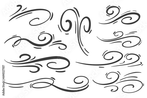 Wind and air motion lines. Hand drawn cartoon sketch. Doodle swirl waves of smoke. Spiral curve breeze flow. Vector art photo