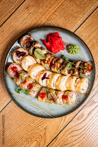 sushi set on the wooden background photo