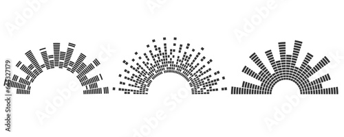 Semicircle sound wave. Audio music equalizer. Round circular icons set. Spectrum radial pattern and frequency frame. Vector design