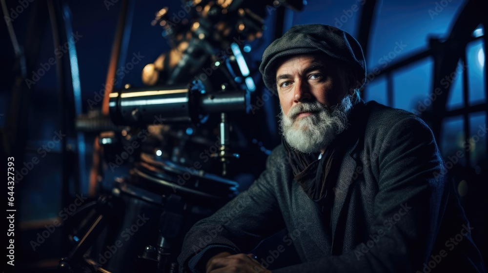 Portrait of a male astronomer at an observatory gazing at the night sky through powerful telescopes