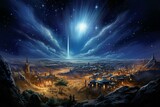 A bright beam shines from the Christmas star above Bethlehem's nativity in a dark blue starry sky. Generative AI