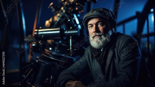 Portrait of a male astronomer at an observatory gazing at the night sky through powerful telescopes