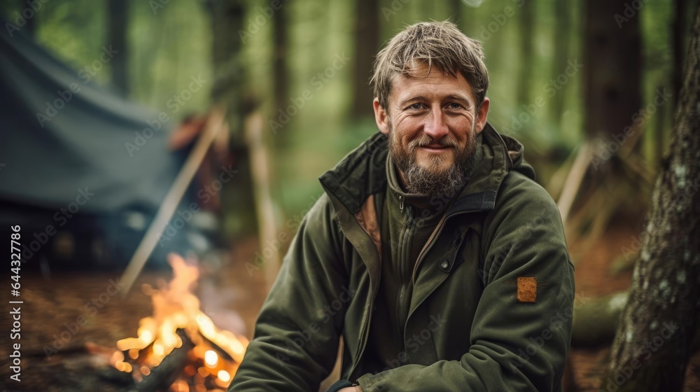Portrait of a male bushcraft instructor at a wilderness camp sharing knowledge of foraging