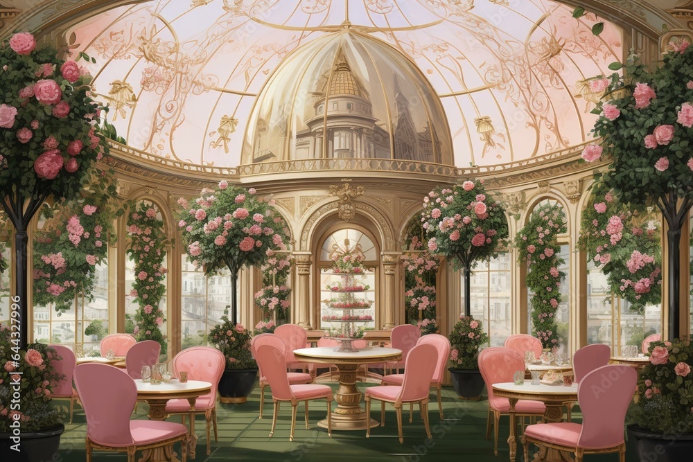 An illustration of a baroque tea room featuring a tall domed ceiling adorned with pink and green flowers, tables, and chairs. Generative AI