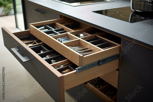 Contemporary kitchen with open drawers and oak wood cutlery drawer inserts. Generative AI