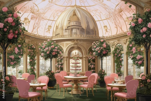 An illustration of a baroque tea room featuring a tall domed ceiling adorned with pink and green flowers  tables  and chairs. Generative AI