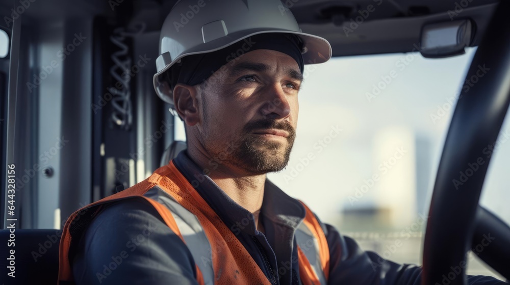 Portrait of a male crane operator in the operator's cabin of a towering construction crane skillfully hoisting heavy materials