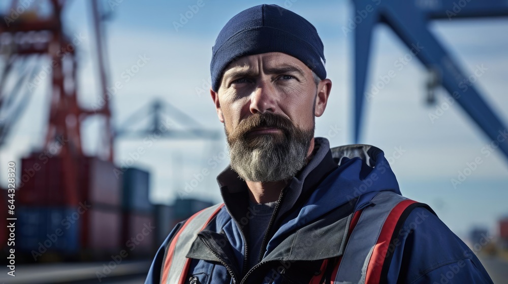 Obraz premium Portrait of a male crane operator overseeing a large industrial port orchestrating the movement of shipping containers with precision