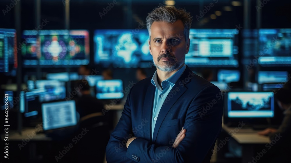 Portrait of a male cybersecurity analyst in a high-tech security operations center vigilantly monitoring network traffic - obrazy, fototapety, plakaty 