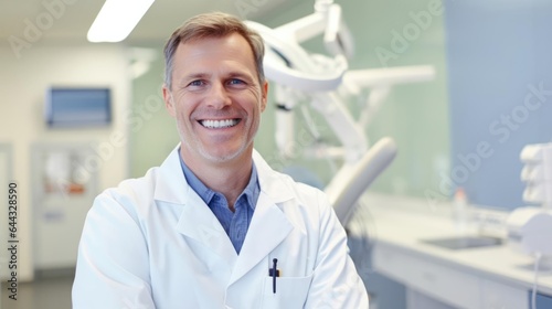 Portrait of a male dentist in a bright examination room