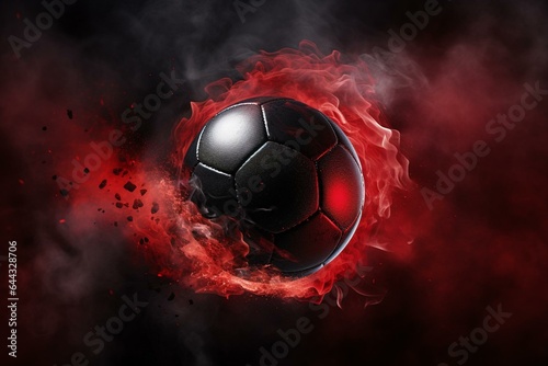 A high-quality 3D rendering of a black and red soccer ball with a smoky background. Generative AI